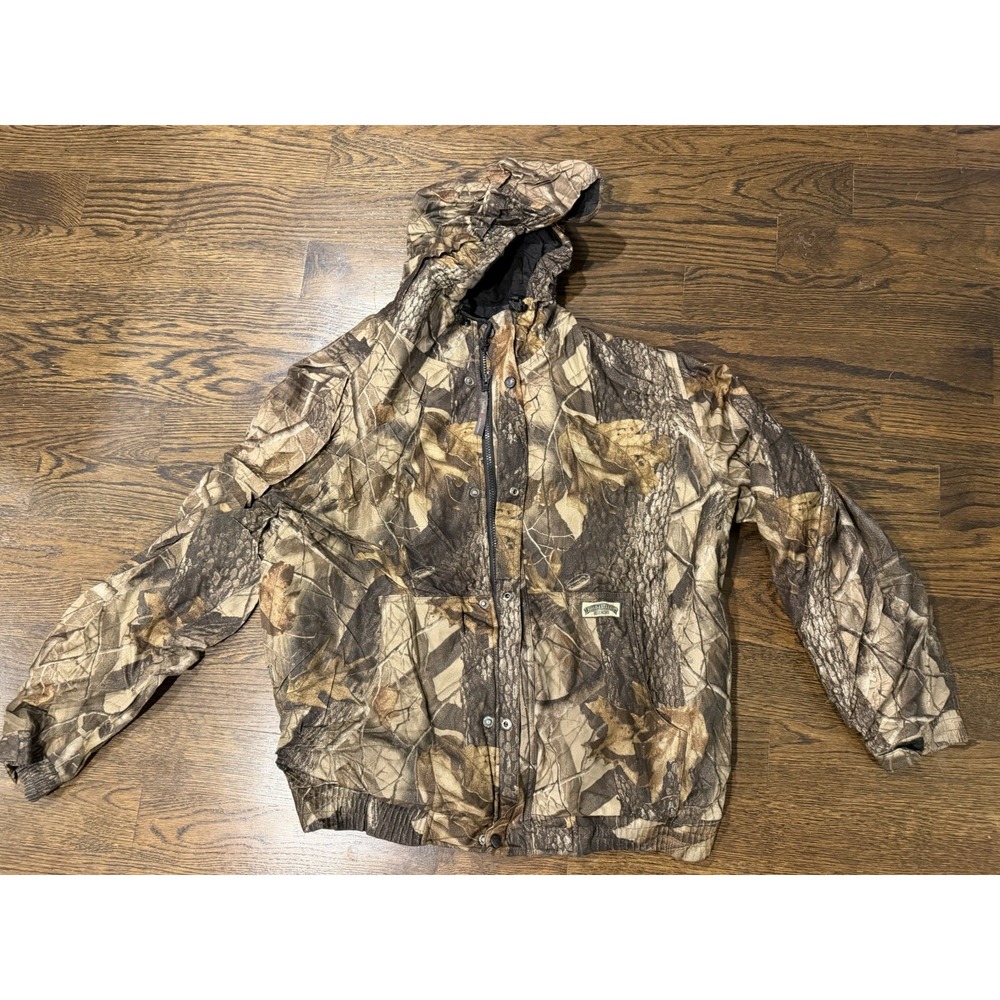 Field & Stream Camo Jacket Large Realtree Hydroproof Hooded Full Zip Y2K Hunt
